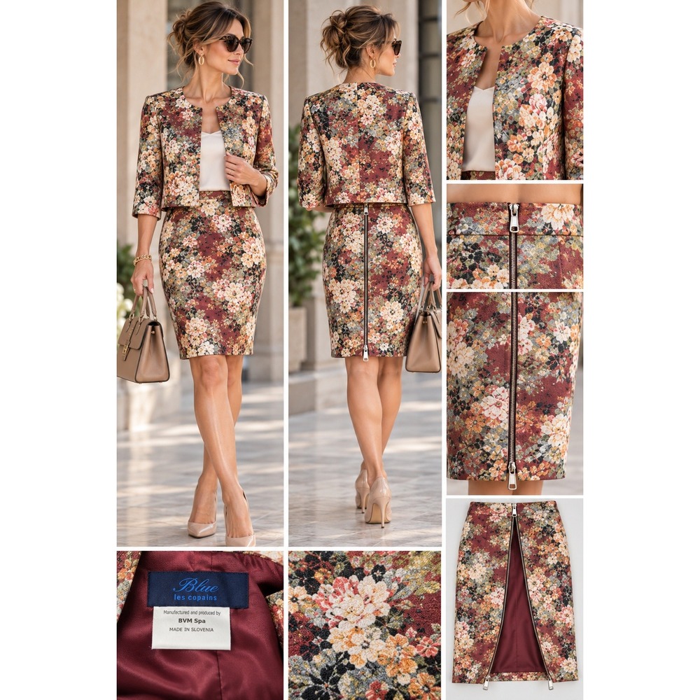Blue Les Copains Italian Designer Floral Jacquard Skirt Suit 40 US Size 4 BVM